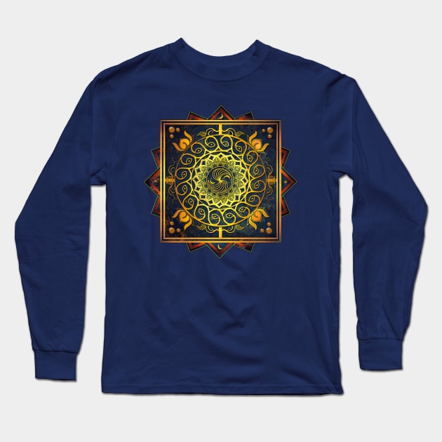 Gold Filigree Moon Lotus Mandala Long Sleeve T-Shirt by DISmithArt